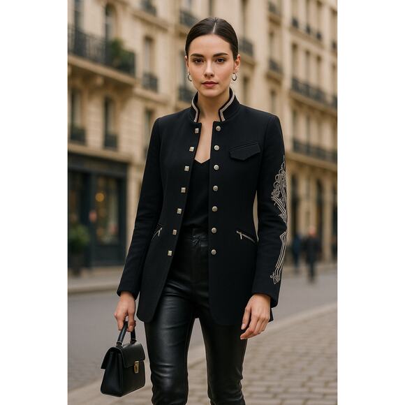 Vintage Parasuco Military Style Embroidered Wool Jacket Black Silver Baroque XS - Picture 1 of 9